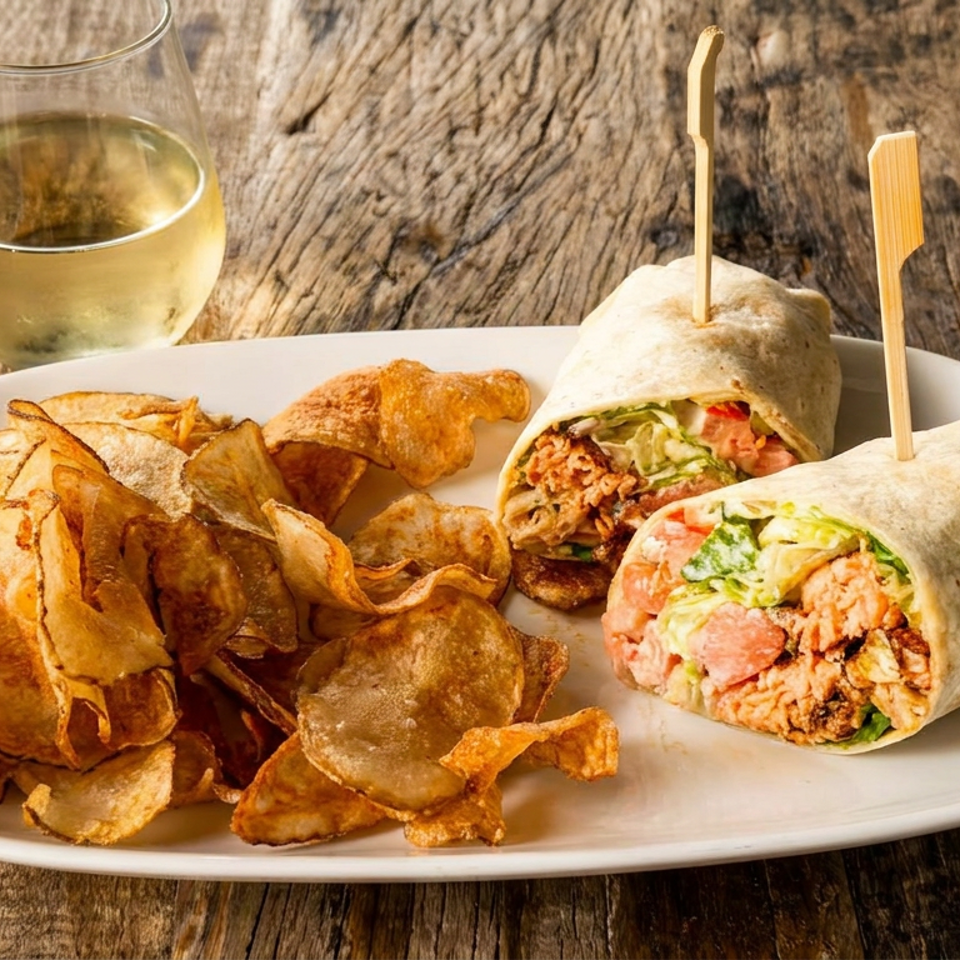 Two wraps with chicken, lettuce, and tomato, served with a side of chips and a glass of white wine.